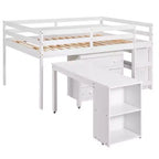Lit bas mezzanine pleine grandeur avec bureau roulant, 3 tiroirs et étagères