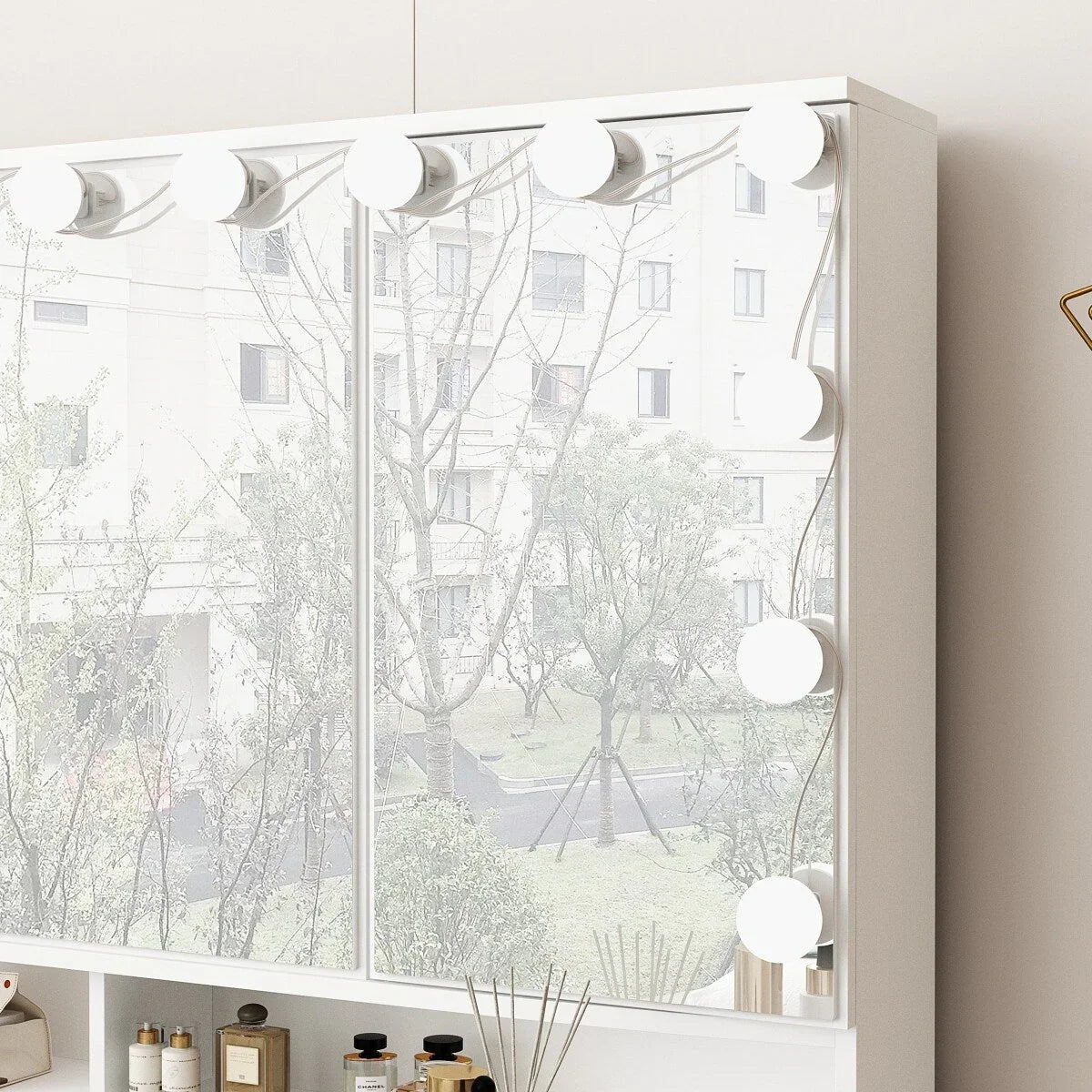 Coiffeuse avec miroir triptyque éclairage certifié et plateau en verre