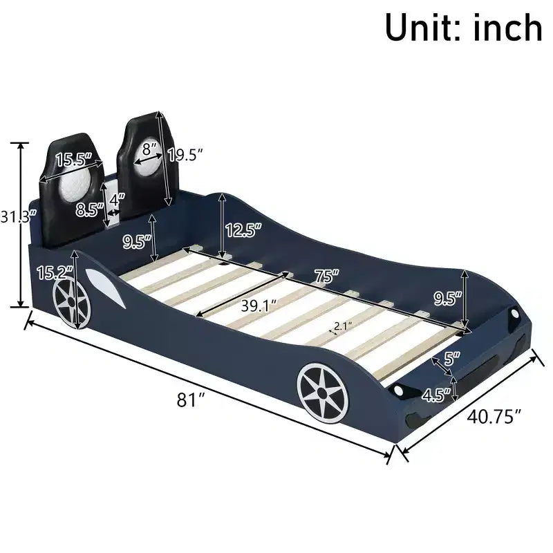 Lit plateforme Whisen Wood en forme de voiture de course, taille double, avec LED et dossier rembourré
