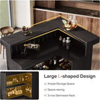 Bar de salon en L Lantine, bar à liqueurs d'angle à 4 niveaux avec étagères de rangement et porte-verres à vin pour pub à domicile