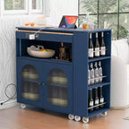 Îlot de cuisine roulant avec 2 portes en verre, Desserte de cuisine avec table extensible et prises de courant, Îlot de cuisine avec étagères ouvertes latérales
