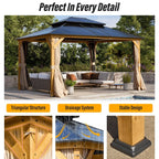Tonnelle EROMMY à toit rigide, pergola extérieure avec double toit, moustiquaire et rideaux, auvent robuste pour patio, jardin, fête au bord de la piscine