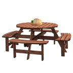 Ensemble de salle à manger rond en bois de sapin pour patio extérieur 8 personnes avec 4 bancs intégrés et trou pour parasol
