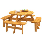 Ensemble de salle à manger rond en bois de sapin pour patio extérieur 8 personnes avec 4 bancs intégrés et trou pour parasol
