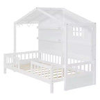 Lit cabane double avec étagères de rangement et barrières, cadre de lit Montessori en bois pour enfants avec fenêtre et bande lumineuse scintillante