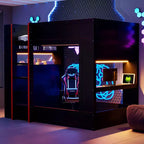 Lit superposé de jeu en bois pleine grandeur avec bureau intégré, étagères de rangement, lumières LED 7 couleurs et station de charge, noir - ModernLuxe