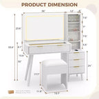 Coiffeuse de maquillage cannelée de 48 pouces avec grand miroir et lumières, coiffeuse de maquillage moderne avec station de charge et tabouret de rangement rembourré pour la maison