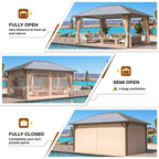 Tonnelle EROMMY à toit rigide, pergola extérieure avec double toit, moustiquaire et rideaux, auvent robuste pour patio, jardin, fête au bord de la piscine