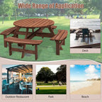 Ensemble de salle à manger rond en bois de sapin pour patio extérieur 8 personnes avec 4 bancs intégrés et trou pour parasol