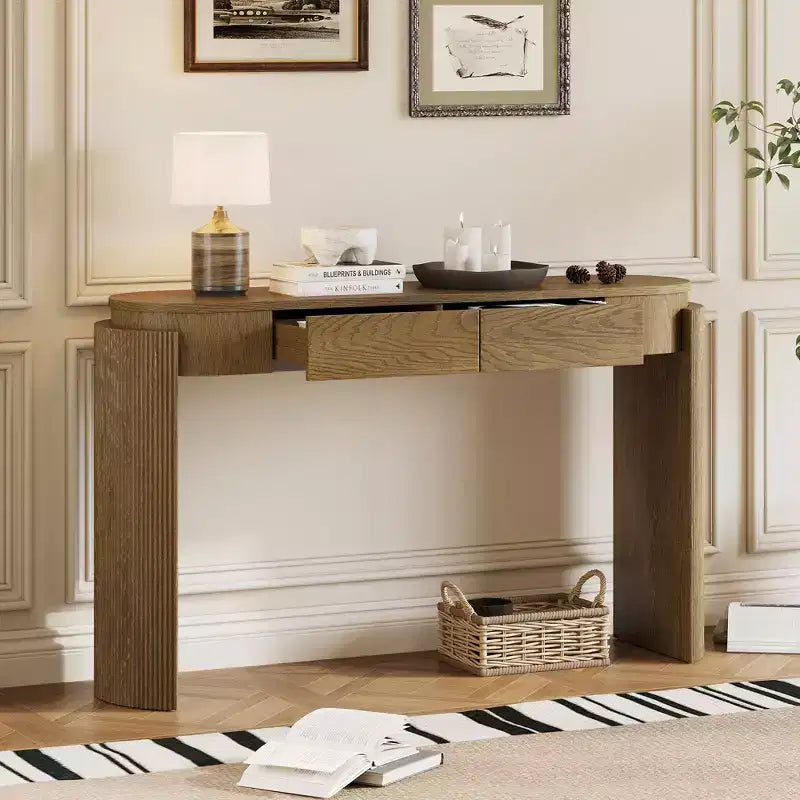 Merax Modern Oval-Top Console Table with Fluted Curved Legs & Dual Hidden Drawers