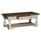 Table basse Morgan Creek blanc antique, avec accents tabac brossé.