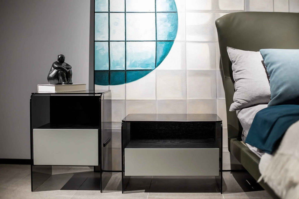 Table de chevet minimaliste en verre noir pour chambres modernes
