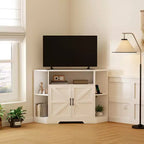 Meuble TV d'angle pour téléviseurs jusqu'à 55 pouces Meuble console média de style ferme avec portes de grange, étagères ouvertes et armoire de rangement, Blanc