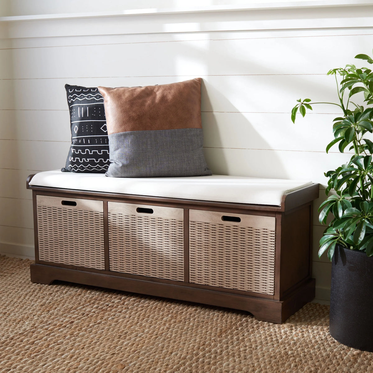 SAFAVIEH Fiorello 3-Drawer with Cushion Storage Bench - 47.3 W x 15 L x 19 H - 47Wx15Dx19H