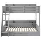 Lit superposé double sur toute la longueur avec rangement, lumières LED et station de charge, lit superposé en bois avec étagères latérales pour enfants et adolescents