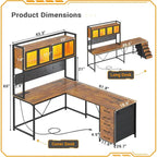 Bureau Gamer en L, Bureau d'Ordinateur avec Panneau Perforé, 5 Tiroirs et Étagère de Rangement