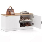 Banc à chaussures 2 portes avec étagères réglables et espace de rangement caché Naturel + Blanc/Blanc