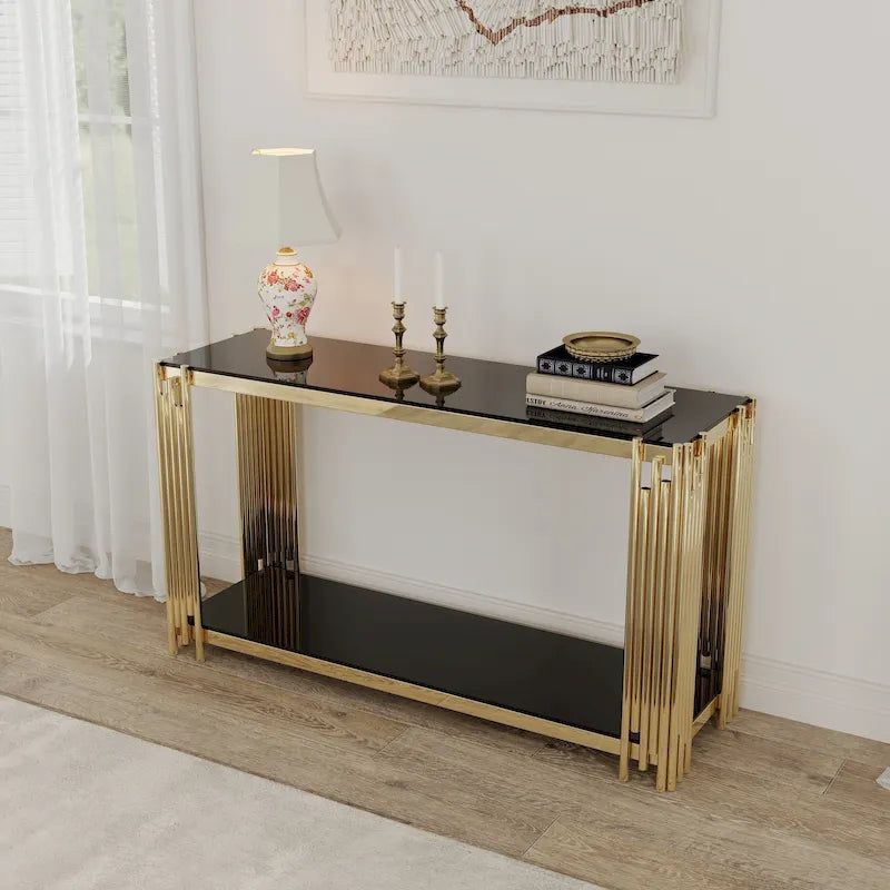 Narrow 2-tier Console Table with Gold Finished Metal Frame and Tempered Glass Top