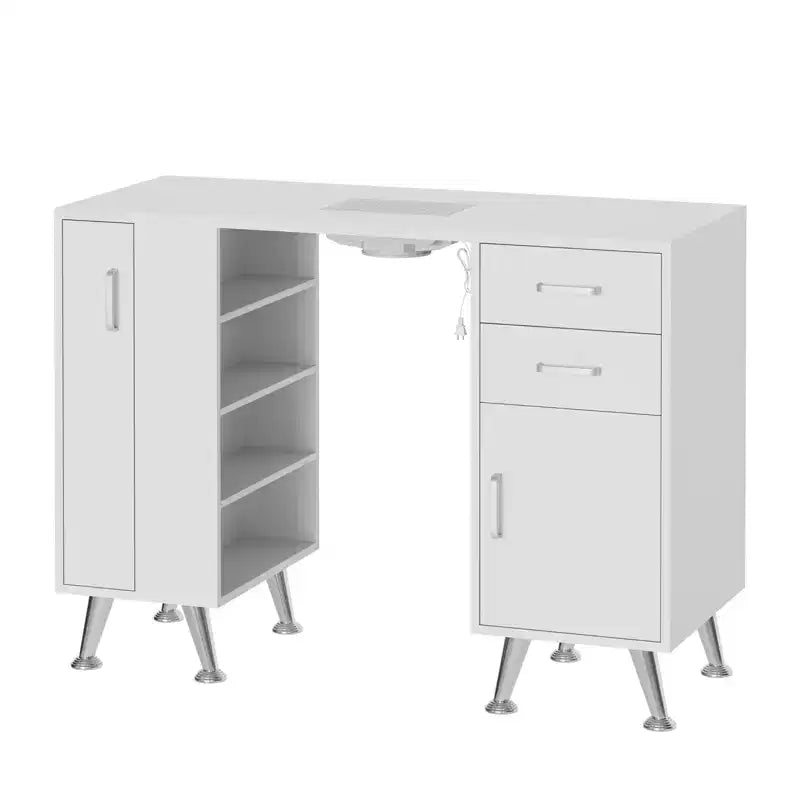 Table de manucure 42 pouces pour styliste ongulaire avec collecteur de poussière et repose-poignet, bureau pour ongles avec casier vertical coulissant, 1 armoire de rangement, 2 tiroirs