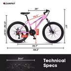VTT Okak 24/26 pouces avec 21 vitesses et double freins à disque, vélo pour enfants avec suspension avant de 100 mm, Dirt Bike pour adolescents et femmes