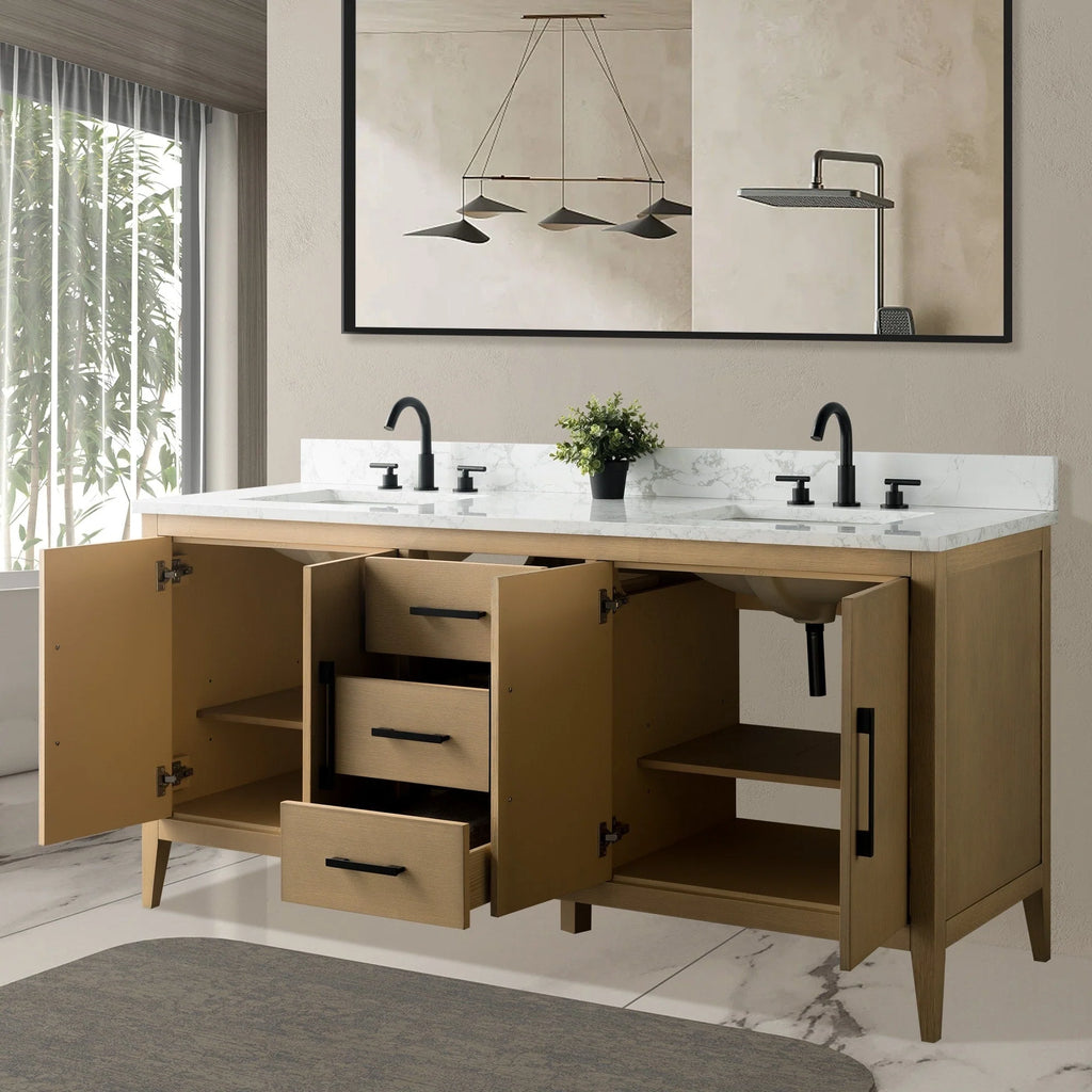 Meuble-lavabo de salle de bain Vanity Art 72 po à double vasque avec dessus en marbre reconstitué