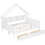 Cadre de lit maison pleine grandeur avec tiroirs, lit plate-forme maison avec lumières LED, étagères de rangement et tiroirs, lit de repos en bois avec toit et garde-corps