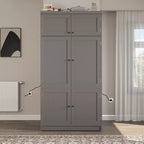 Grand meuble de garde-manger de cuisine avec prises électriques, grand placard autoportant avec support pour micro-ondes, tiroirs, étagères, casiers à vin et étagère de porte