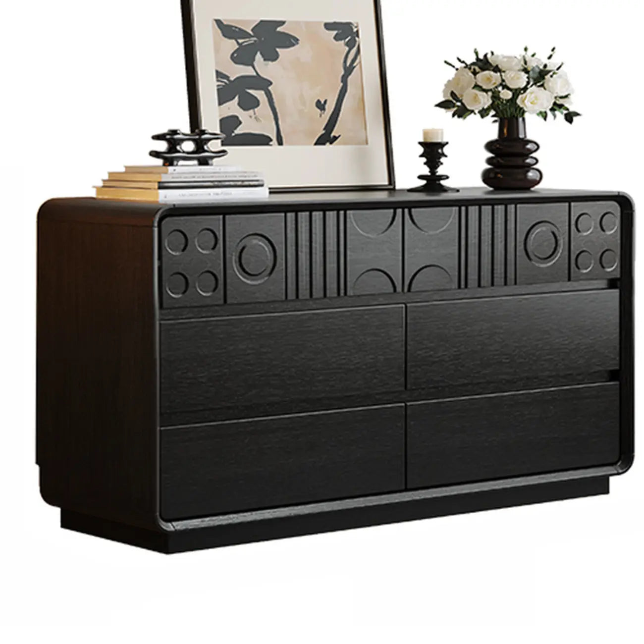 Commode en bois d'inspiration Art déco avec sculptures géométriques