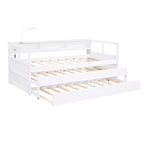 Lit de repos double XL Whisen en bois avec 2 lits gigognes, 3 compartiments de rangement, 1 lampe gratuite et port de chargement USB
