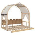 Lit cabane Montessori en bois massif avec plateforme, toit voûté et lit gigogne pour filles et garçons