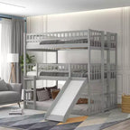 Lit superposé triple pour deux personnes avec échelle convertible et toboggan, lit triple avec barrières de sécurité, blanc/gris/espresso - ModernLuxe