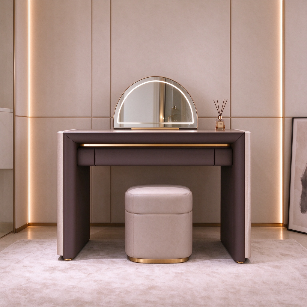 Coiffeuse de luxe moderne avec miroir demi-lune et tiroir en cuir