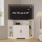Meuble TV d'angle pour téléviseurs jusqu'à 55 pouces Meuble console média de style ferme avec portes de grange, étagères ouvertes et armoire de rangement, Blanc