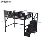 Lit mezzanine ModernLuxe double/grand format avec escalier et armoire intégrée, cadre de lit en métal avec lumières LED, station de charge USB et étagères de rangement