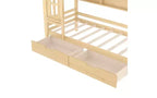 Lit cabane avec tiroirs de rangement et fenêtre, cadre en bois massif avec étagères, design amusant et enfantin, blanc clair