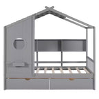 Lit cabane en bois double/complet avec 2 tiroirs, lit pour enfants avec étagère de rangement - ModernLuxe