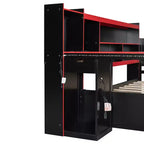 Lit de repos de jeu double/grand avec tête de lit bibliothèque, lumières LED, bureau intégré, tiroirs et station de charge