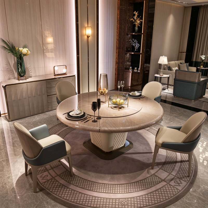 Table de salle à manger de luxe ronde avec piètement en métal et plateau en placage bois