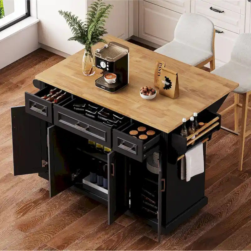 54  Large Kitchen Island with Rubber Wood Drop Leaf, Embossed Texture Rolling Kitchen Cart on 4 Wheels with 4 Doors & 3 Drawers