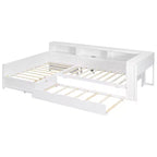 Lit plateforme en L de taille double avec lit gigogne et station de recharge, cadre de lit en bois avec étagère