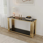 Console étroite à 2 niveaux avec structure en métal doré et plateau en verre trempé