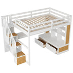 Lit mezzanine en bois massif naturel et blanc avec bureau et tiroirs