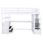 Lit mezzanine taille jumeau avec bureau et étagères, deux tiroirs intégrés, escalier de rangement