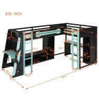 Lit mezzanine de jeu en L avec bureaux, lits superposés doubles avec lumières LED, ports USB, étagères de rangement, lit mezzanine d'angle en bois pour 2 personnes