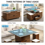 Table basse relevable multifonctionnelle et moderne avec rangement dissimulé, 4 tabourets et roulettes, parfaite pour les espaces de vie modernes.