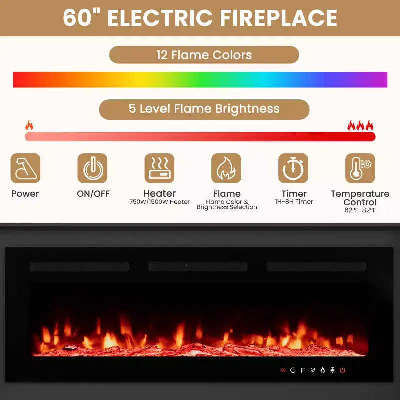 Meuble TV mural EROMMY 112L avec cheminée et lumières LED