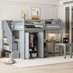 Lit mezzanine double avec escalier, bibliothèque, bureau et armoire – Meuble multifonctionnel et peu encombrant pour enfants et adolescents – Blanc