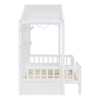 Lit cabane double avec étagères de rangement et barrières, cadre de lit Montessori en bois pour enfants avec fenêtre et bande lumineuse scintillante