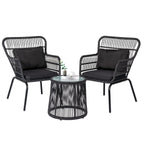 Ensemble bistrot 3 pièces en osier pour conversation, salon de jardin en rotin résistant aux intempéries avec coussins