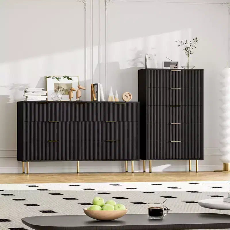 Commode à 5 tiroirs blanche / marbre et bois – Panneau cannelé, pour 1 personne
